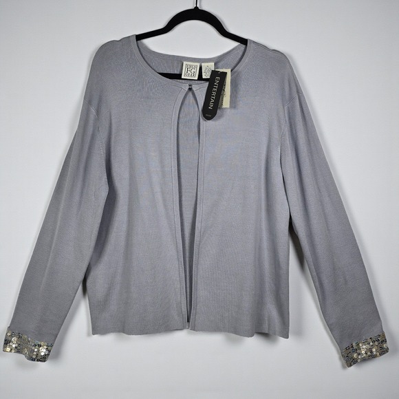 Field Gear Cardigan Woman XL Silk Blend Knit Gray Sequin Cuff Open Front Dressy - Picture 1 of 12